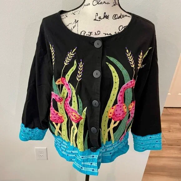 90’s Y2K FLAMINGO ALL OVER BLAZER COAT EMBROIDERED BEADED SZ XL RARE  ECLECTIC - Picture 7 of 16